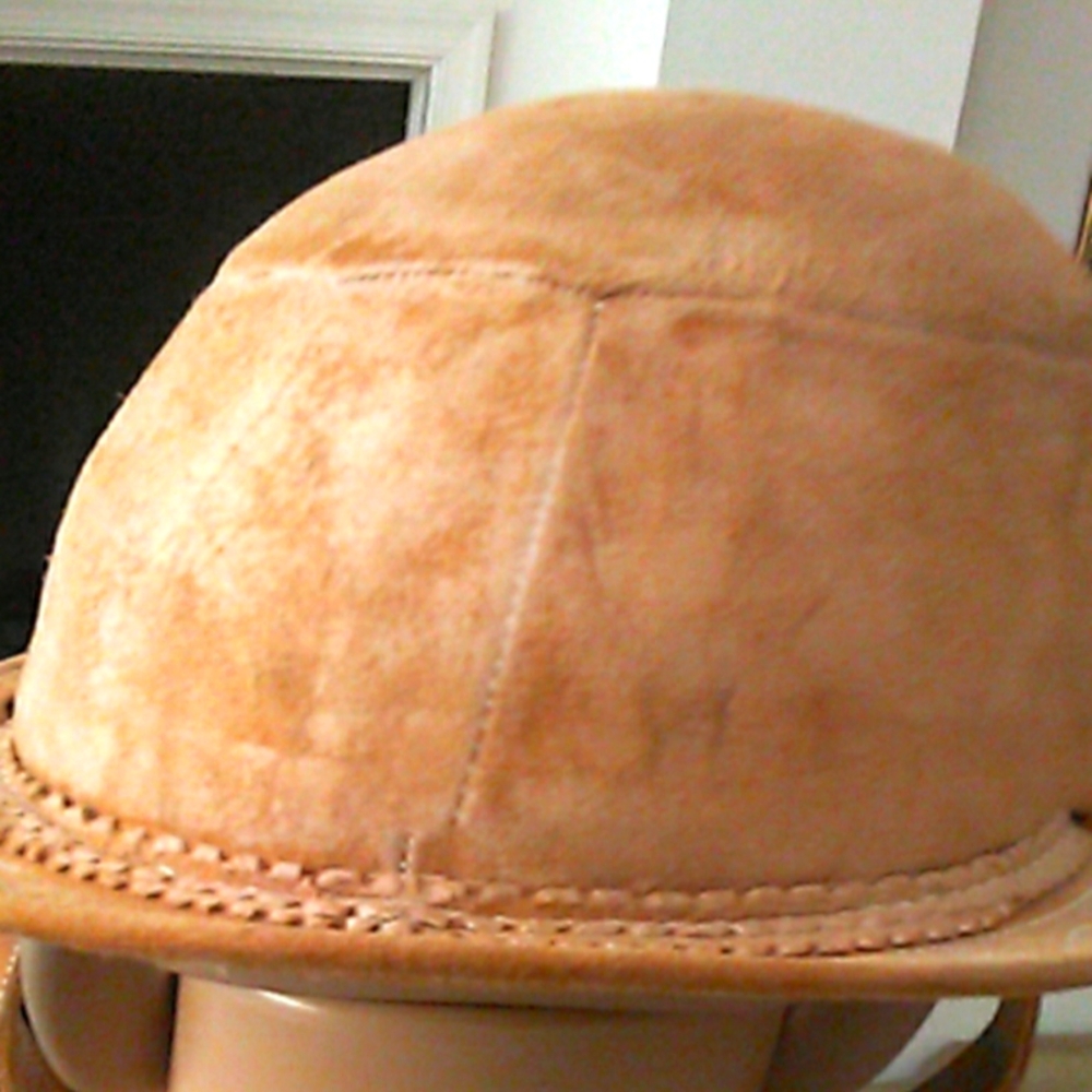 ANTIQUE/ VINTAGE LEATHER BOWLER HAT HANDMADE W/ STRAP ADJ. DECORATIVE BRIM - Picture 3 of 15